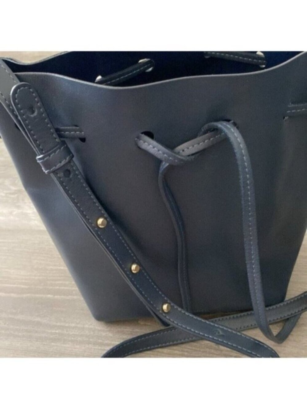Mansur Gavriel Leather Bucket Bag Drawstring Navy Blue Gold Hardware Purse $695 - Picture 13 of 15